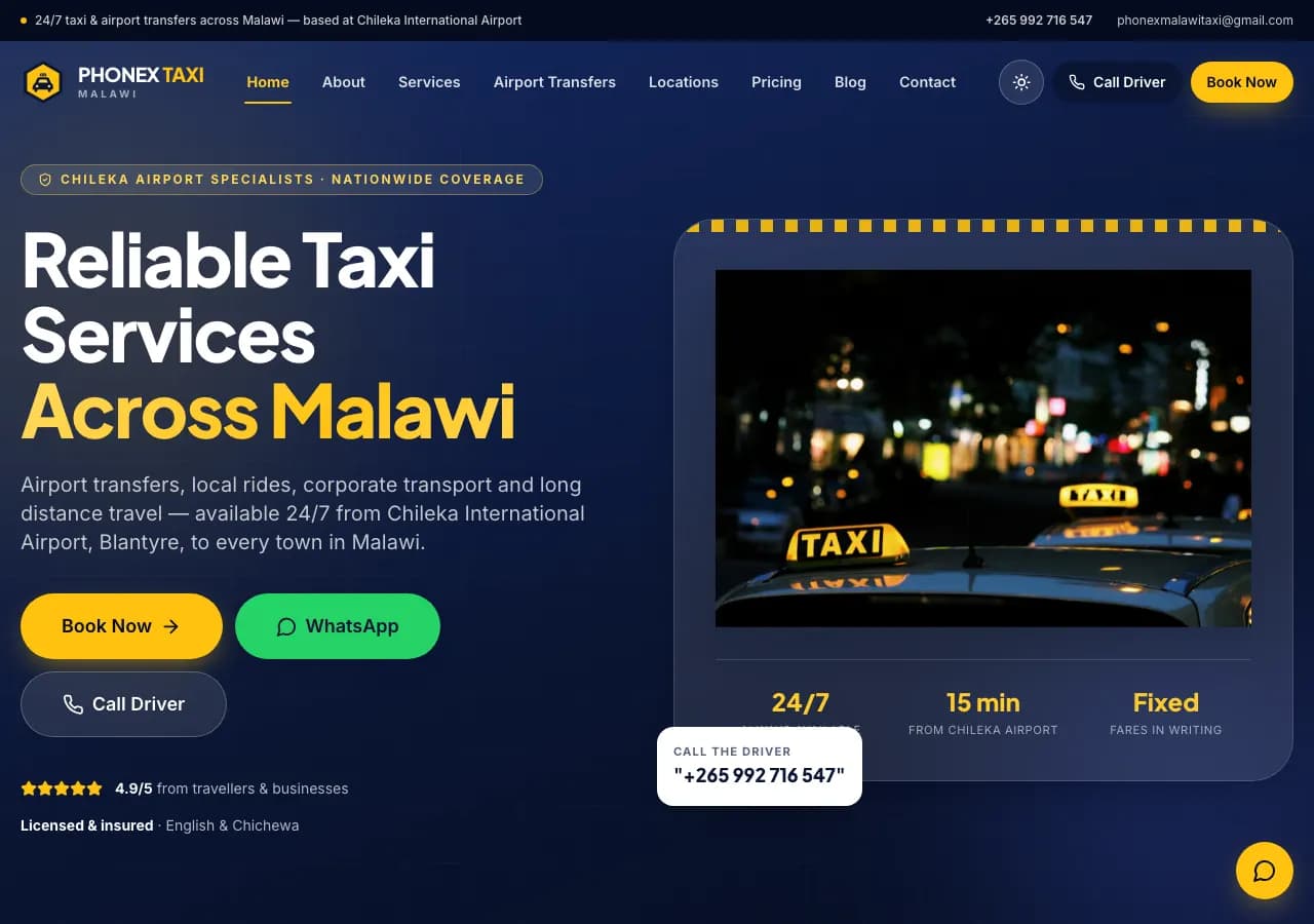 The Phonex Taxi homepage on a desktop browser, showing the booking call-to-action and airport transfer service.