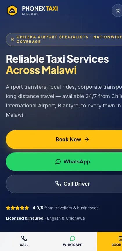 The Phonex Taxi homepage on a phone, showing the same booking actions stacked for a narrow screen.