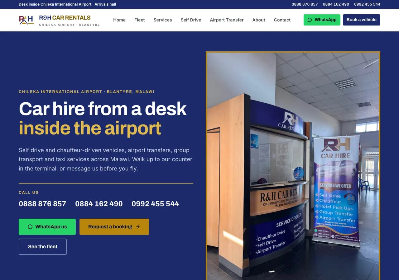 The R&H Car Rentals homepage, showing a photograph of their staffed desk inside the Chileka Airport arrivals hall.
