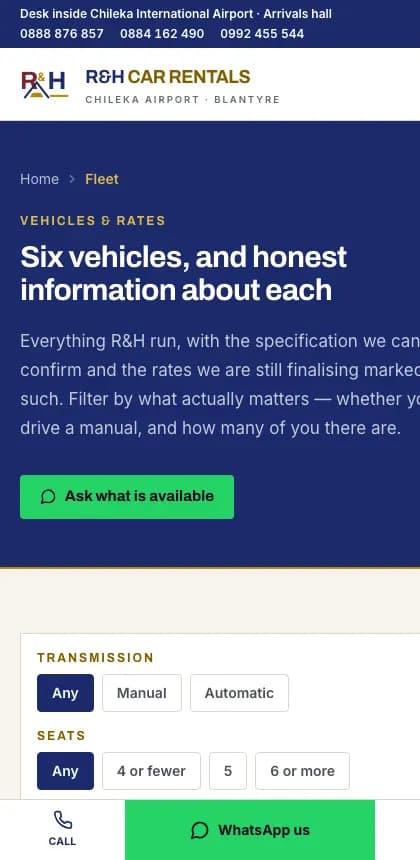 The R&H Car Rentals fleet page on a phone, listing available vehicles with photographs and rates.